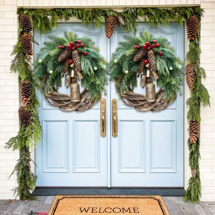 FestiveNest – Christmas Pine Cone Bell Rattan Wreath