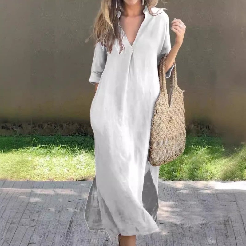 Fionja - Linen Casual Dress with V-Neck