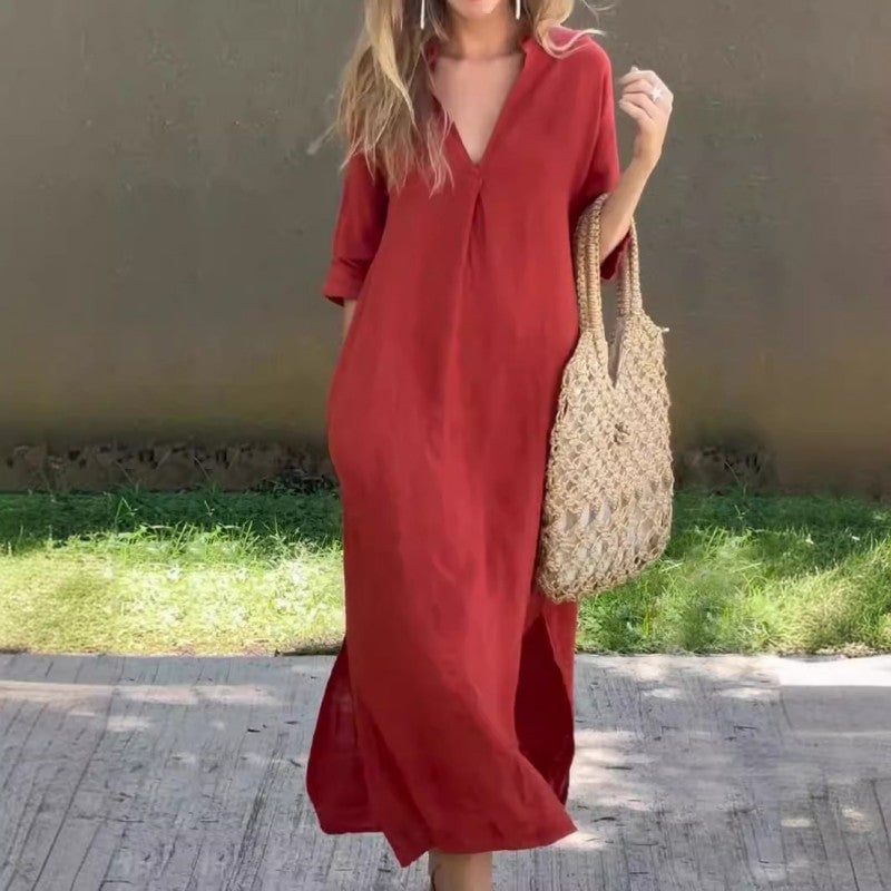 Fionja - Linen Casual Dress with V-Neck