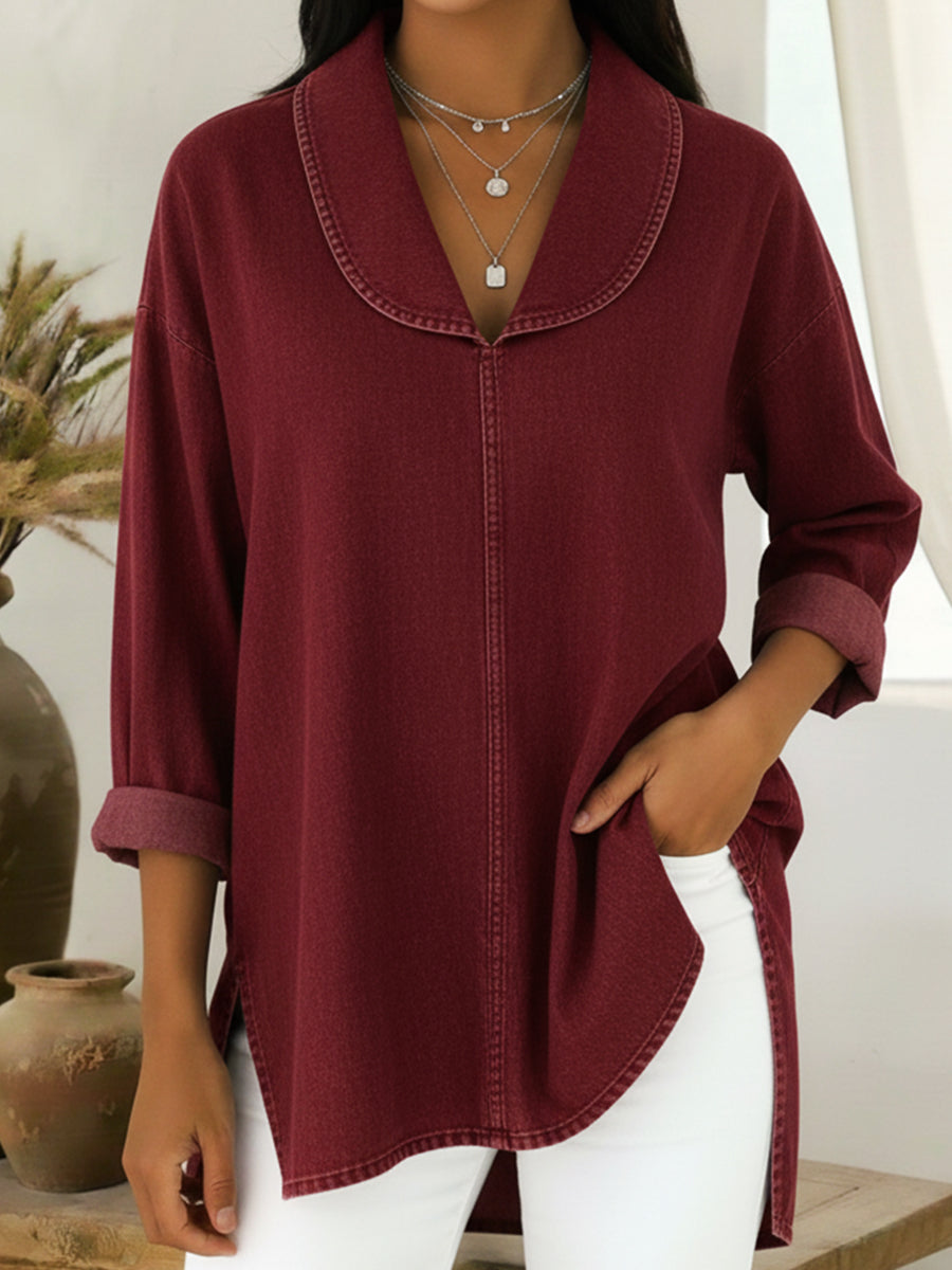 Gaetanaa – Retro Jeans Blouse with Shawl Collar