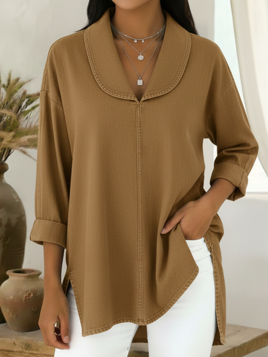 Gaetanaa – Retro Jeans Blouse with Shawl Collar