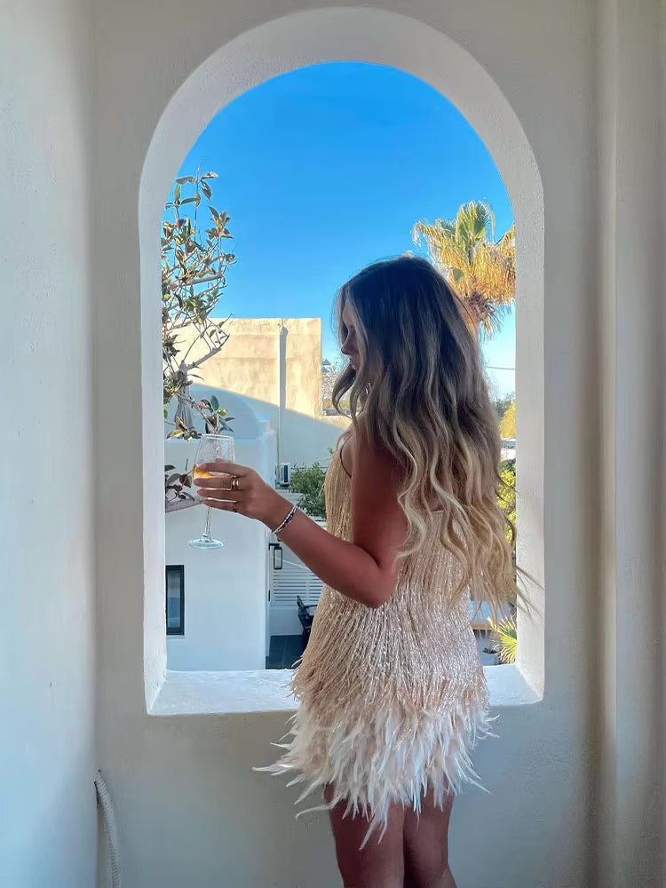 Jemima – Stylish Mini Dress with Feathers