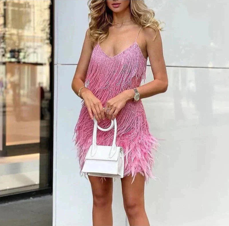 Jemima – Stylish Mini Dress with Feathers