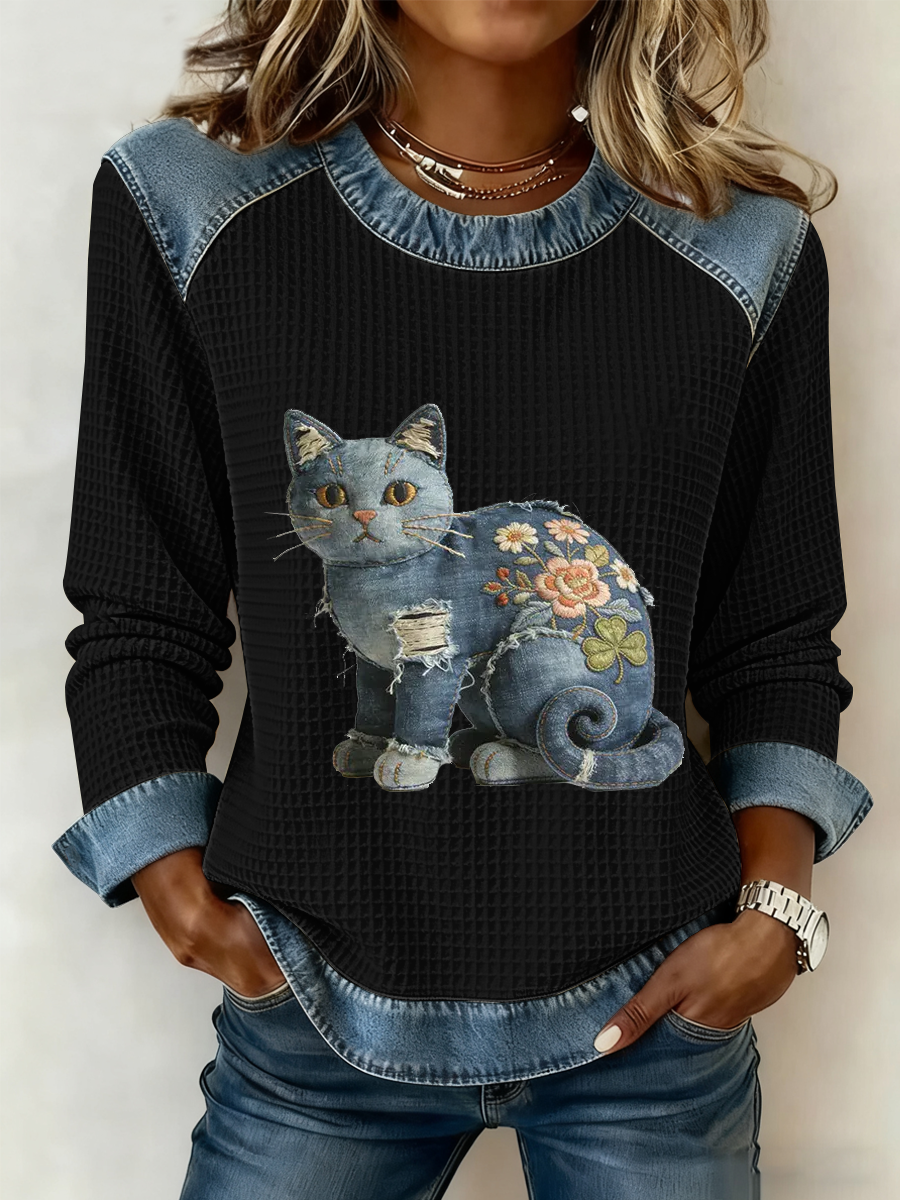 Karmela - Vintage Denim Patchwork Print Top