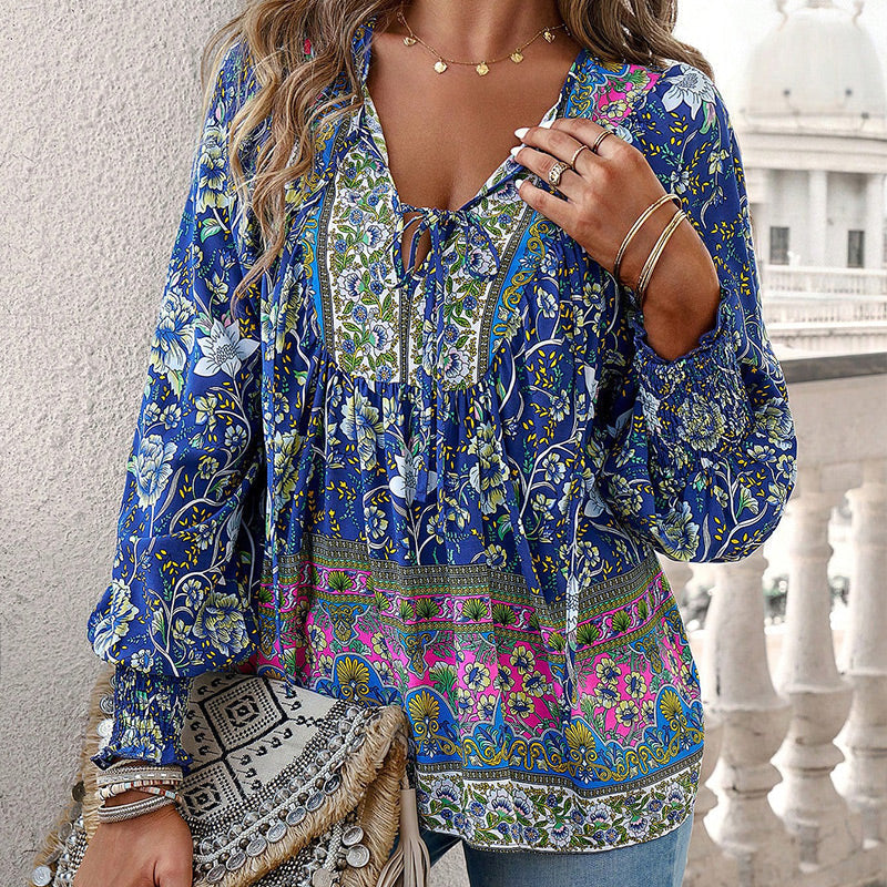 Katia - Fashionable Printed Long Sleeve Shirt with V-Neck