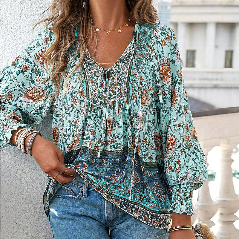 Katia - Fashionable Printed Long Sleeve Shirt with V-Neck