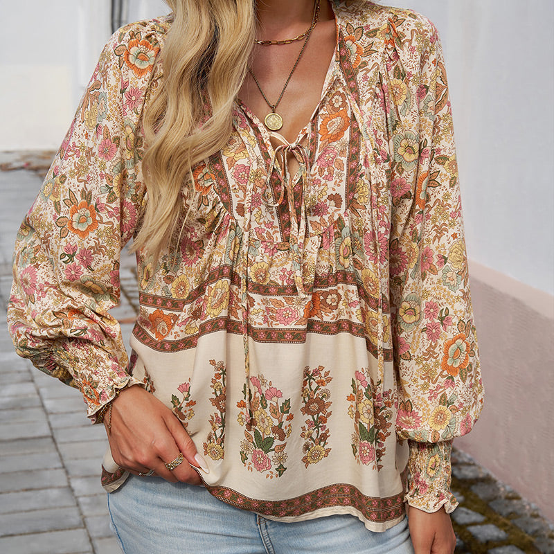 Katia - Fashionable Printed Long Sleeve Shirt with V-Neck