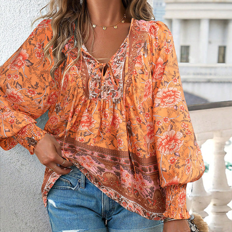 Katia - Fashionable Printed Long Sleeve Shirt with V-Neck