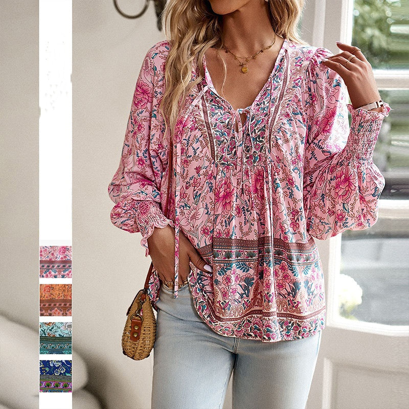Katia - Fashionable Printed Long Sleeve Shirt with V-Neck