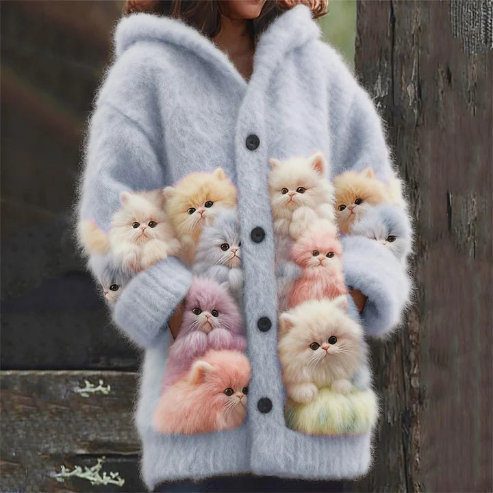 Kelsie – Fluffy Hooded Jacket with Cat Motif