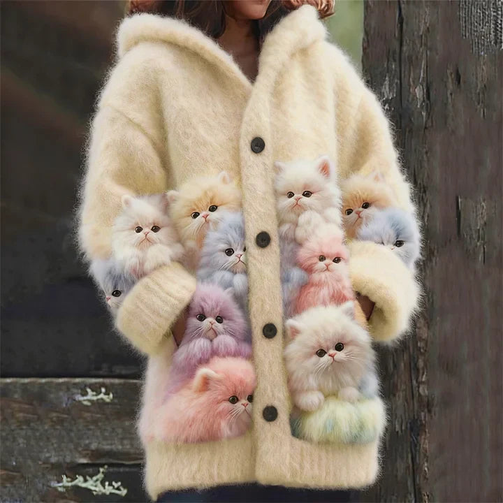 Kelsie – Fluffy Hooded Jacket with Cat Motif