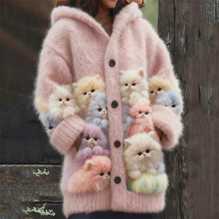 Kelsie – Fluffy Hooded Jacket with Cat Motif