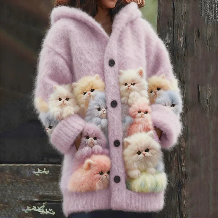 Kelsie – Fluffy Hooded Jacket with Cat Motif