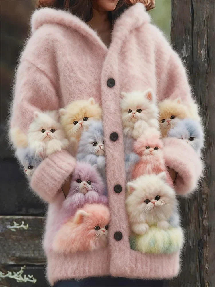 Kelsie – Fluffy Hooded Jacket with Cat Motif