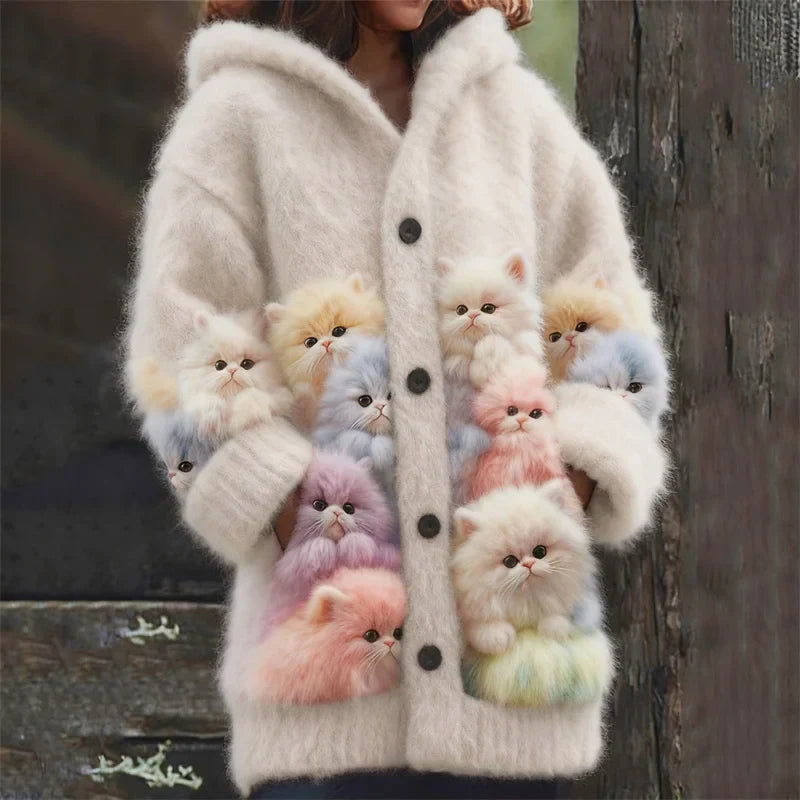 Kelsie – Fluffy Hooded Jacket with Cat Motif