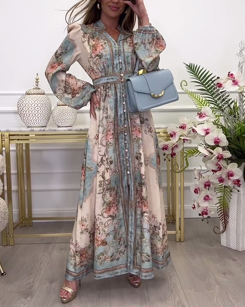 Kitana – Button Placket and Floral Print Long Dress