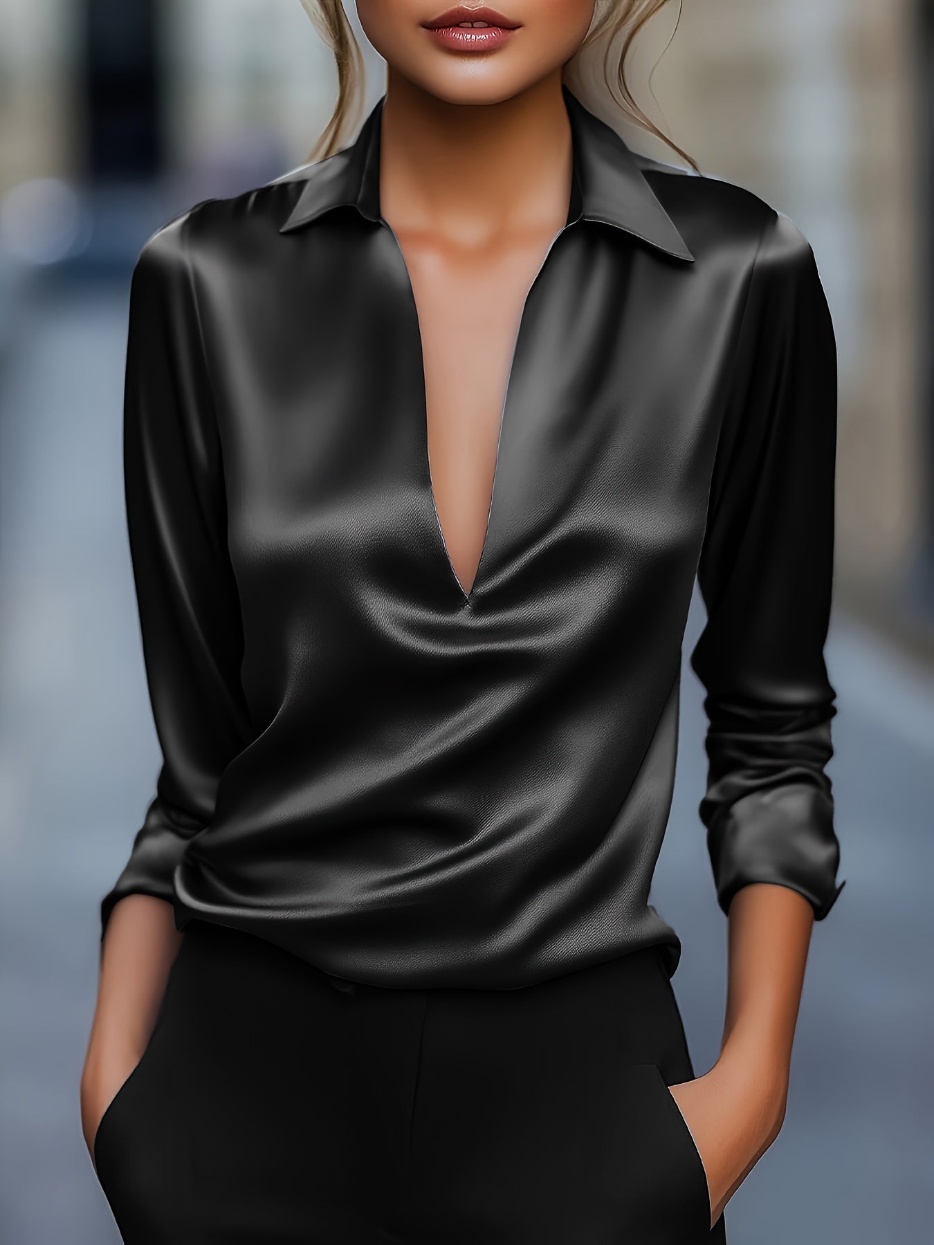 Kyrra – Elegant Satin Blouse with V-Neck