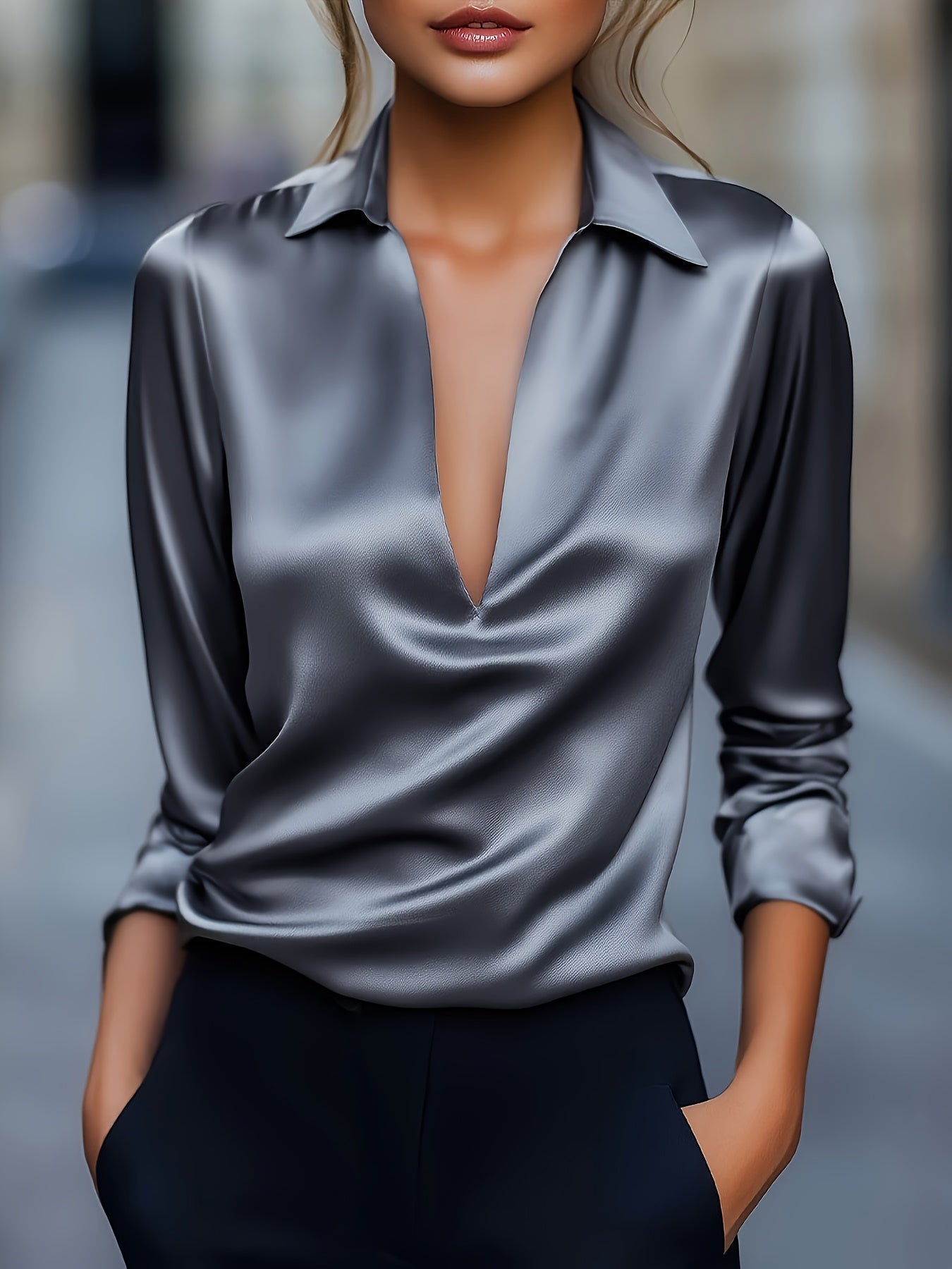 Kyrra – Elegant Satin Blouse with V-Neck