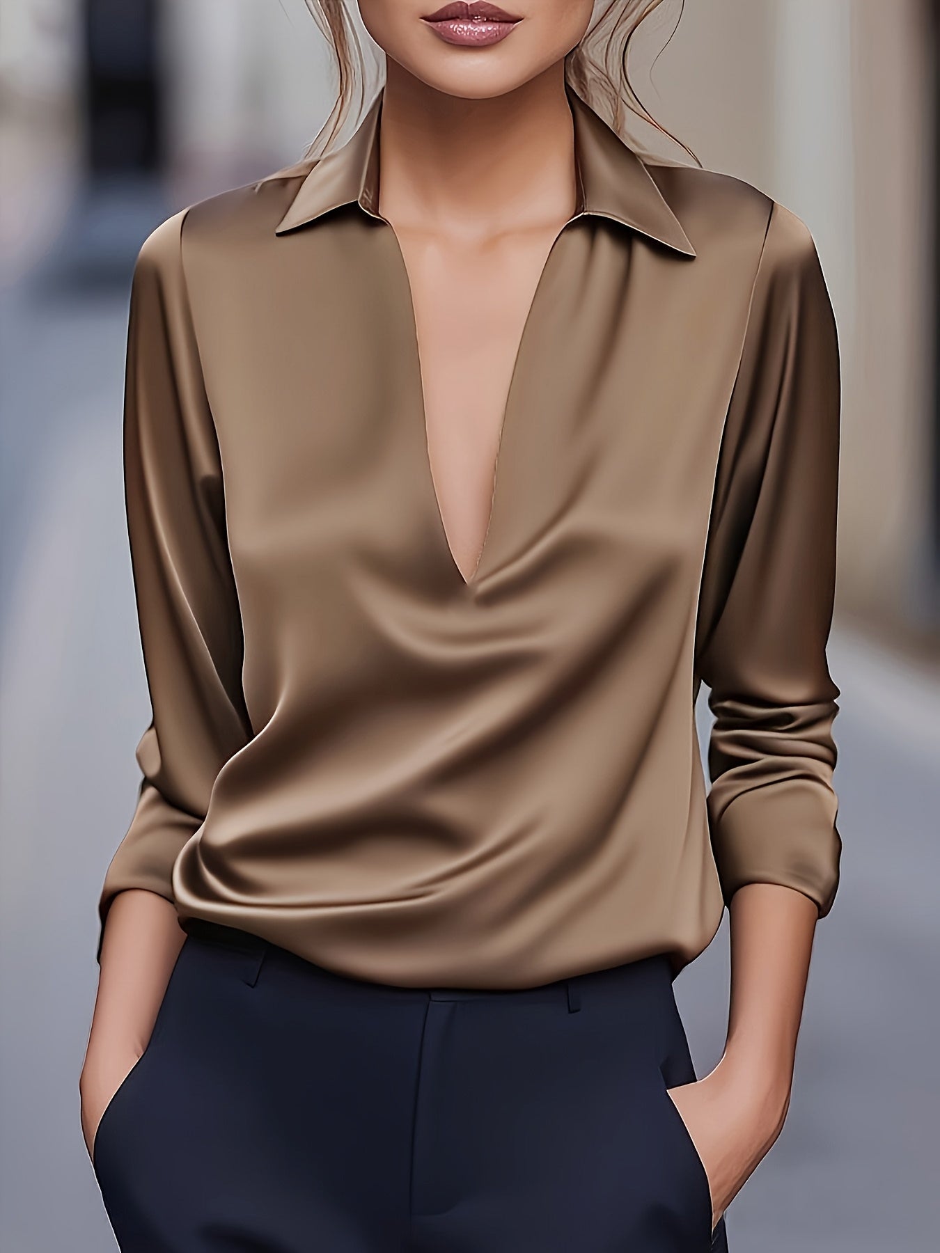 Kyrra – Elegant Satin Blouse with V-Neck