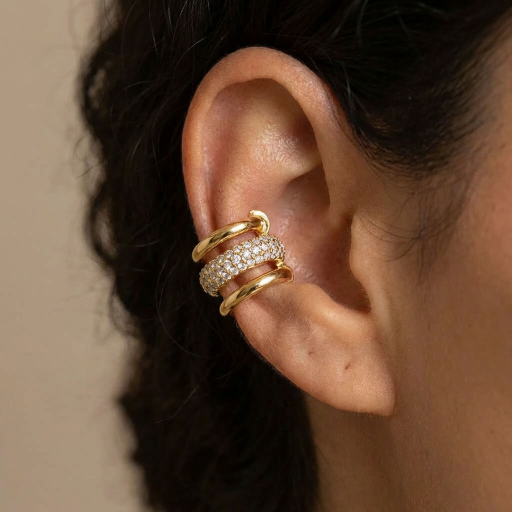 Layered Nail Gold Hoop Cuff Earrings