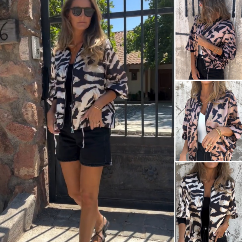 Leezi - Zebra Print Zip-Up Bomber Jacket