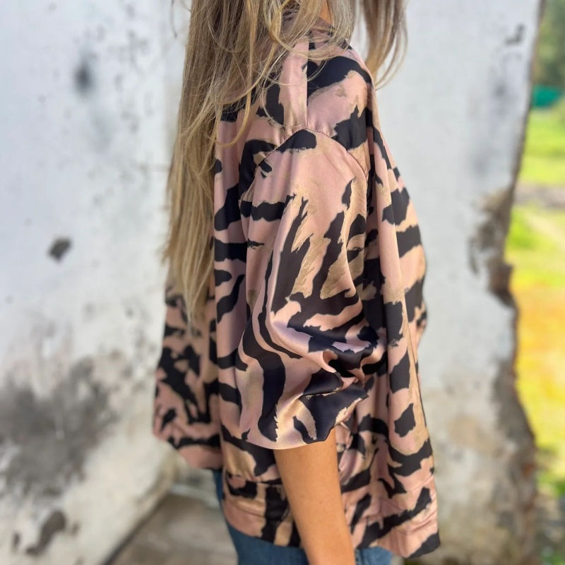 Leezi - Zebra Print Zip-Up Bomber Jacket