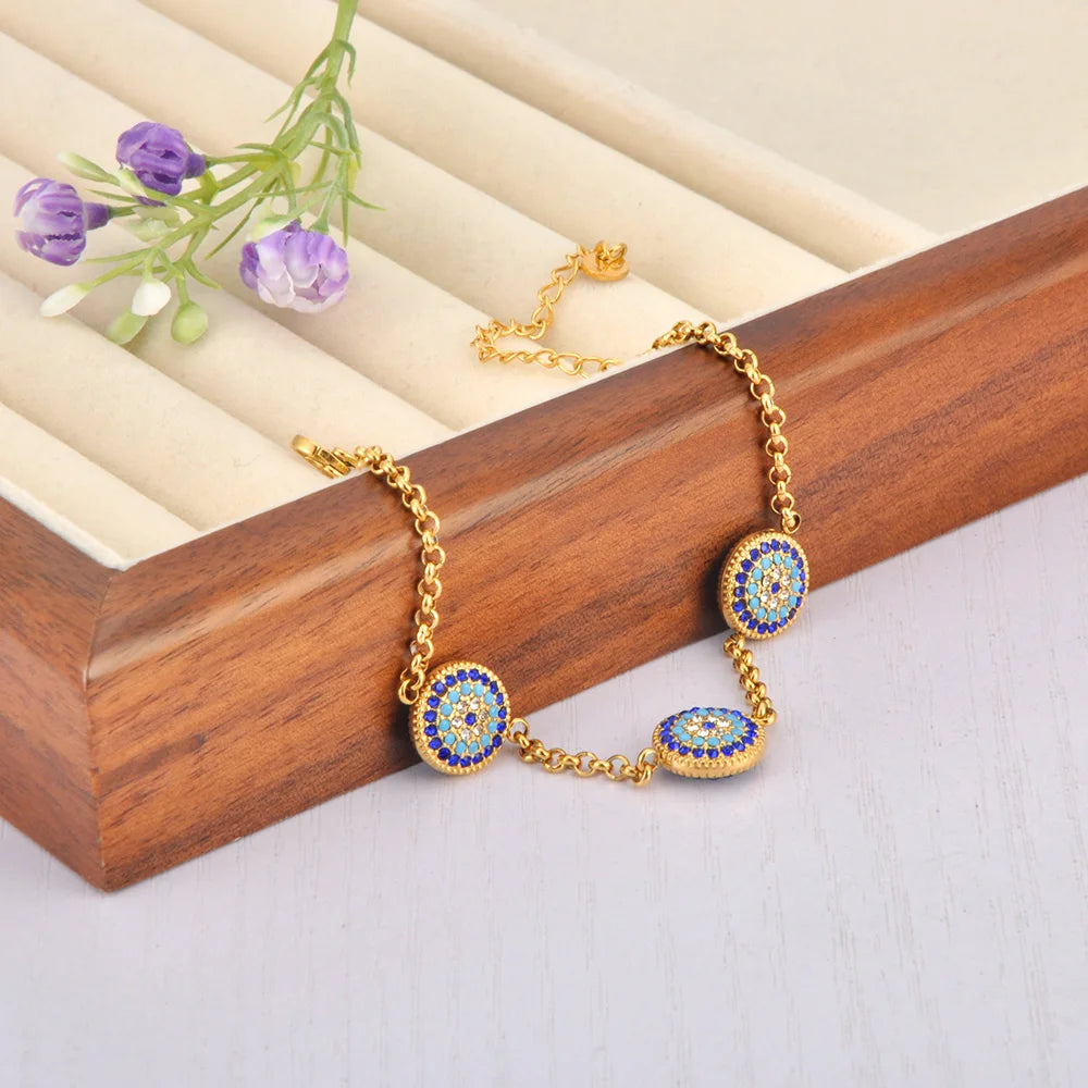 Lokaer Classic Lucky Blue CZ Evil Eye Turkey Bracelet Necklace For Women 316L Stainless Steel Rhinestone Fashion Jewelry B25145