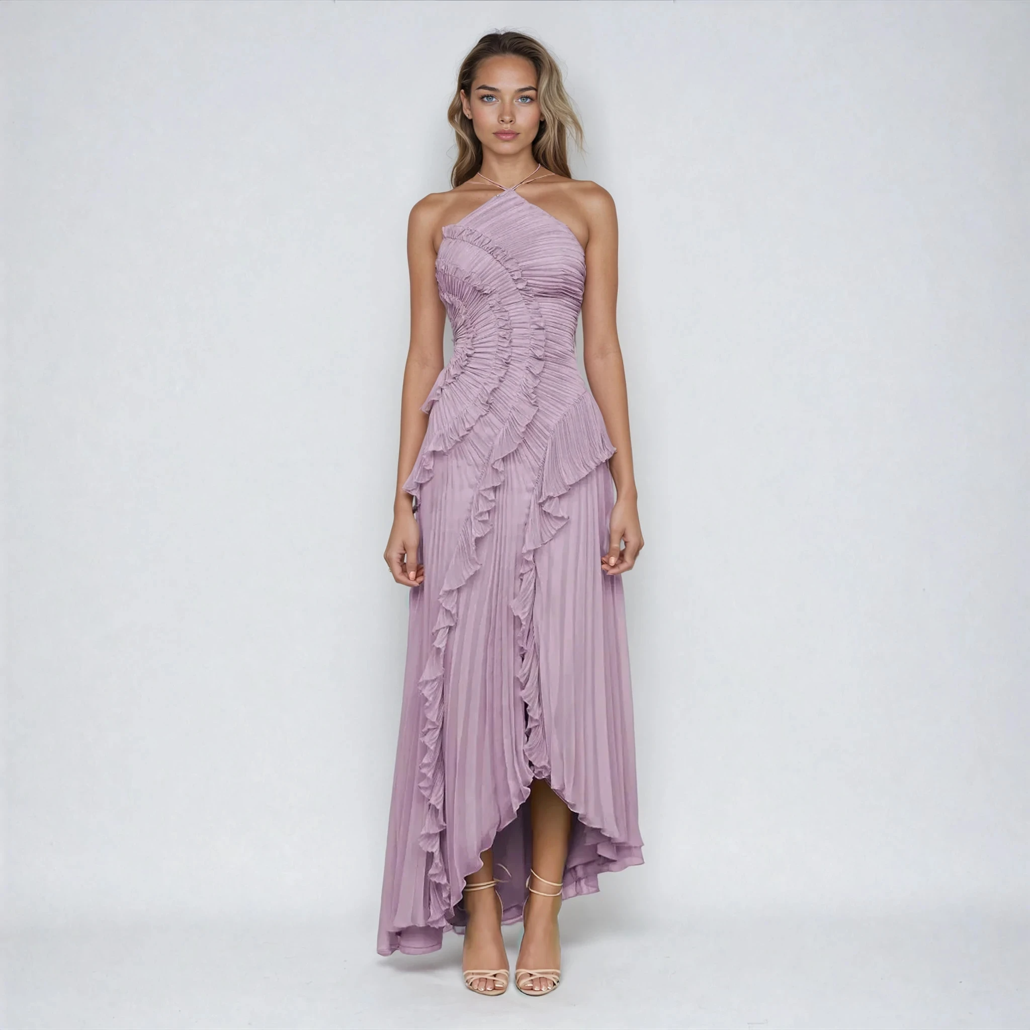 Maraike – Maxi Dress with Pleated Ruffle Halter Neckline