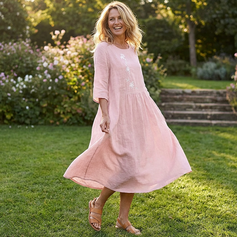 Molaka – Comfortable Embroidered Midi Dress Made of Linen