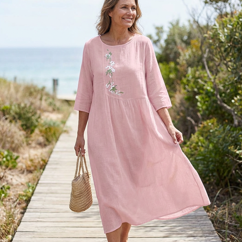Molaka – Comfortable Embroidered Midi Dress Made of Linen
