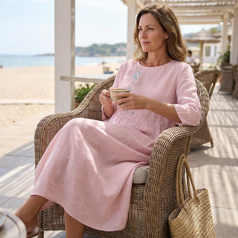 Molaka – Comfortable Embroidered Midi Dress Made of Linen