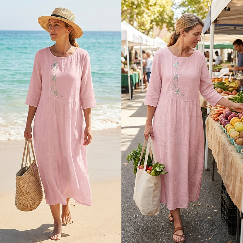 Molaka – Comfortable Embroidered Midi Dress Made of Linen