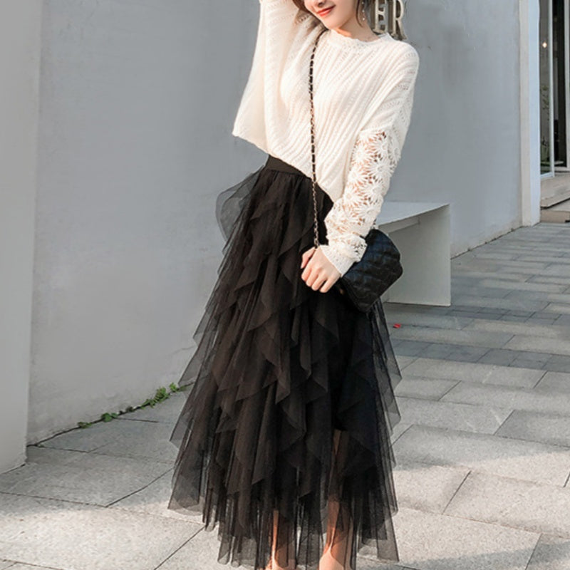Nadeene - Irregular and Elegant Long Skirt with Ruffles