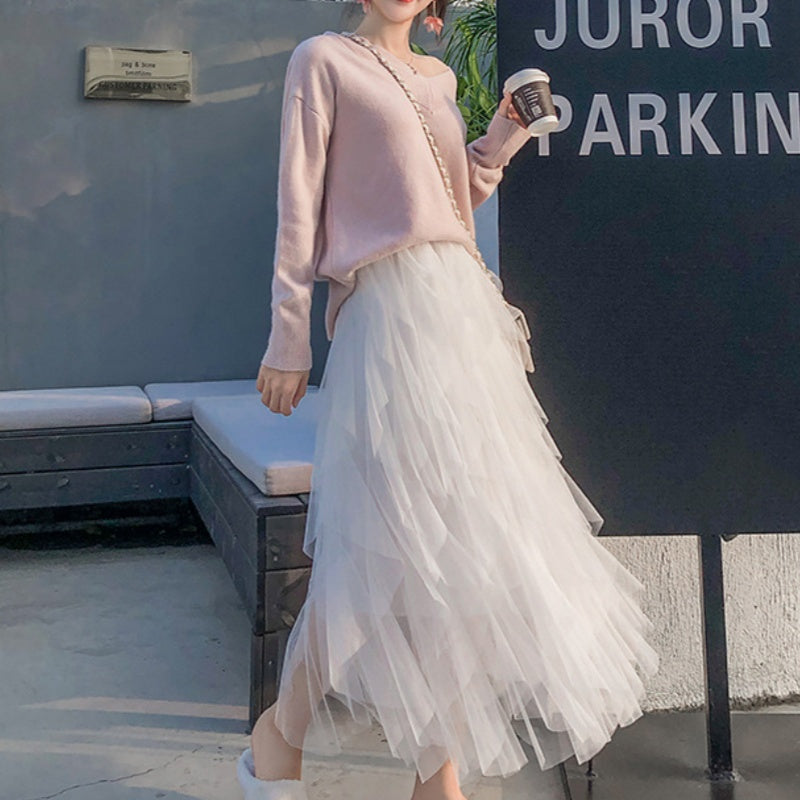 Nadeene - Irregular and Elegant Long Skirt with Ruffles