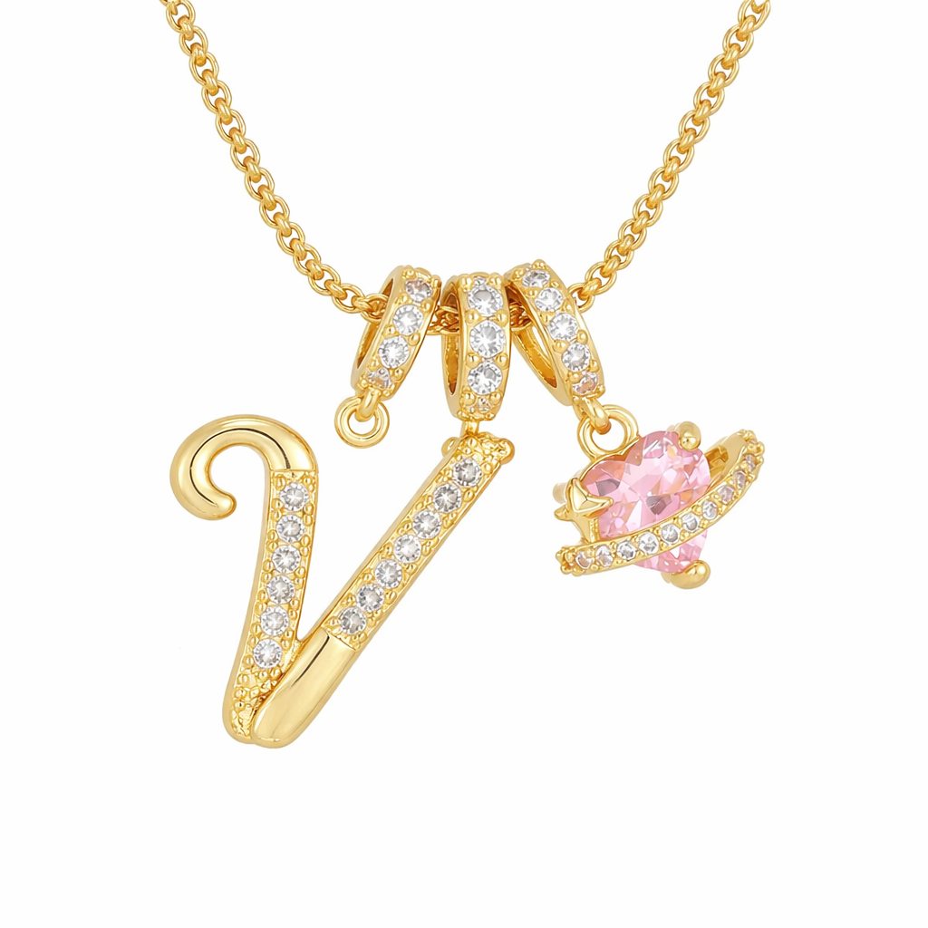 Nerute - Pendant with Initial and Pink Heart Charm