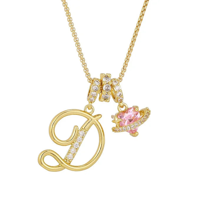 Nerute - Pendant with Initial and Pink Heart Charm