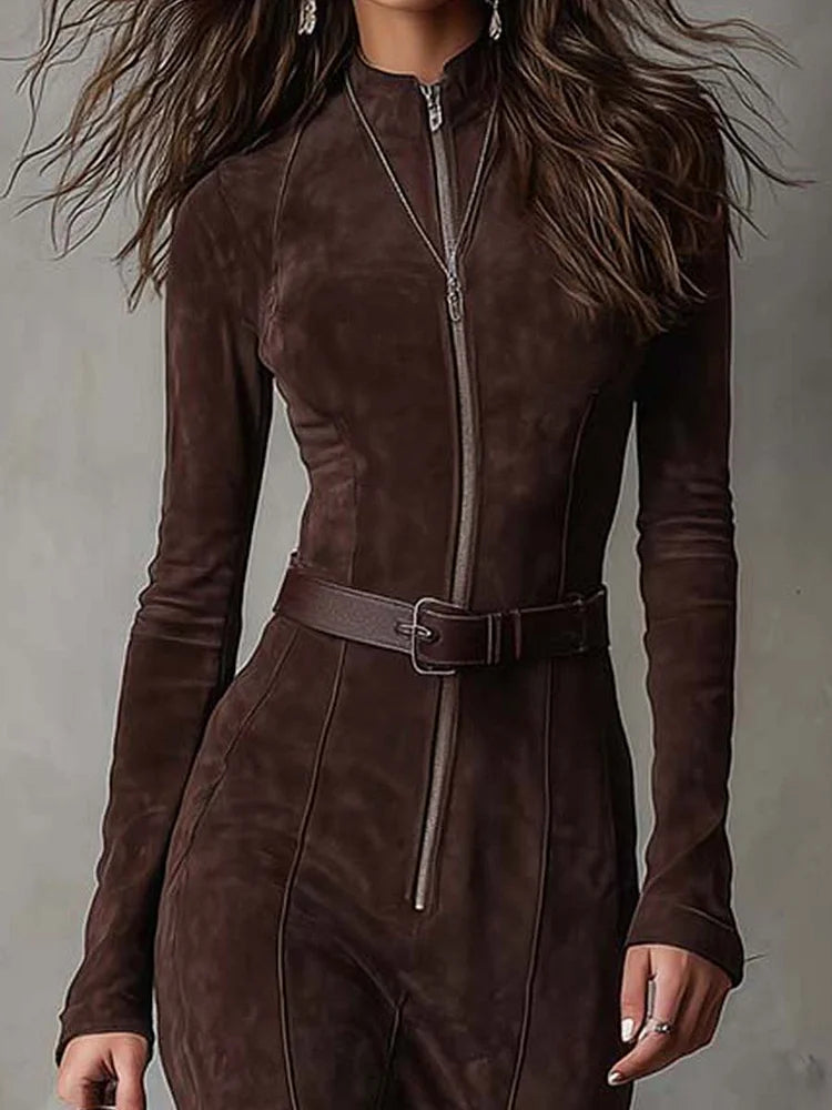 Nyima – Long Suede Dress with Zipper and Belt