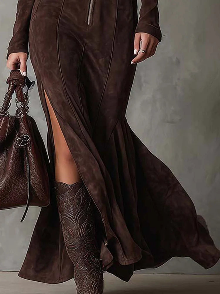 Nyima – Long Suede Dress with Zipper and Belt