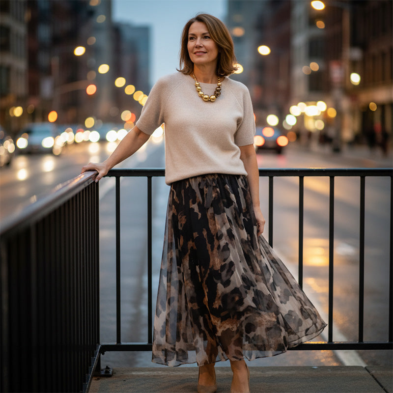 Orli - Elegant Sweater and Floral Skirt with Leopard Print