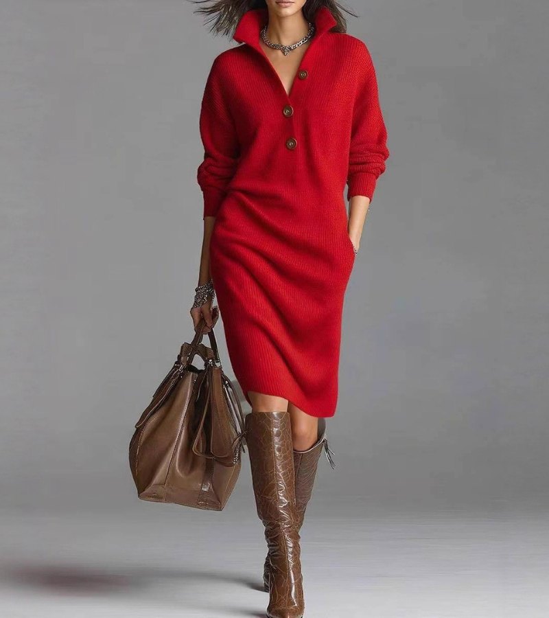 Perona - Elegant Knit Dress with Buttons