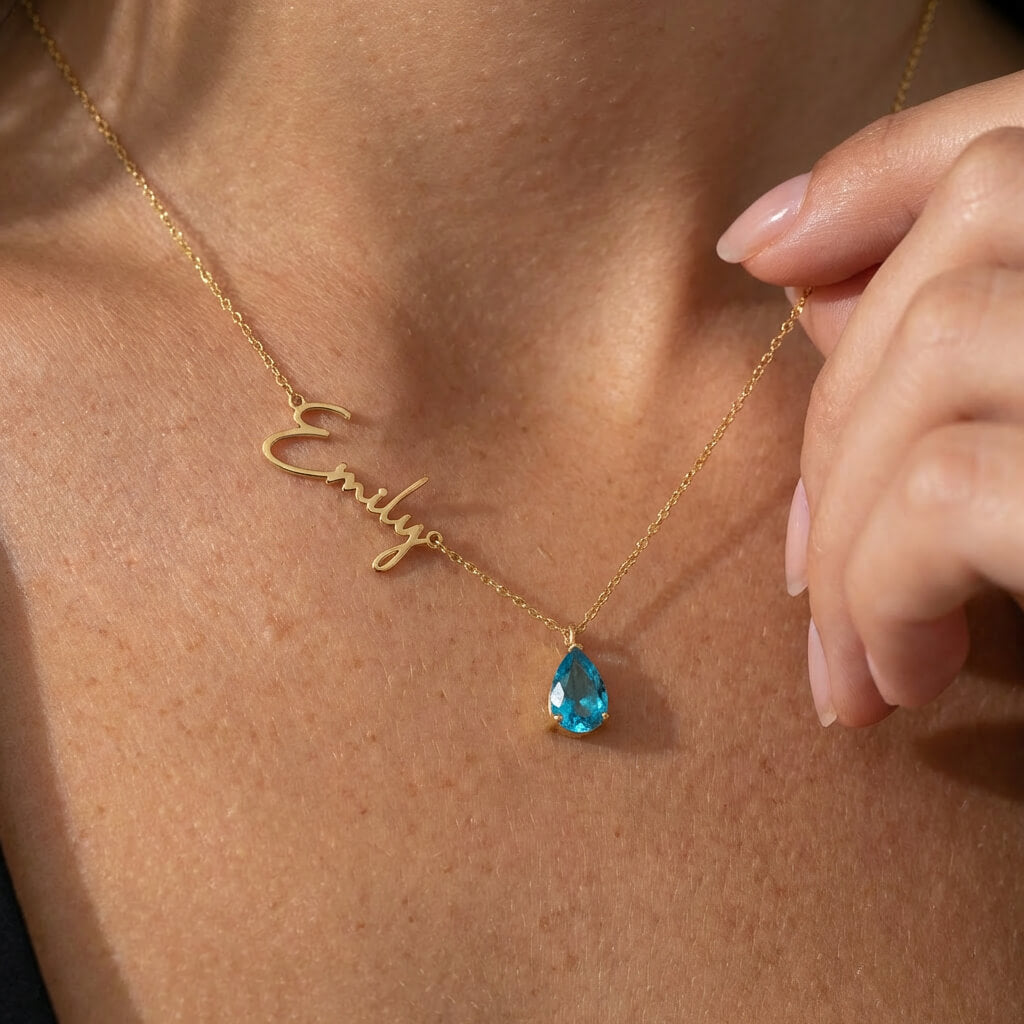 Personalized Teardrop Birthstone Name Necklace