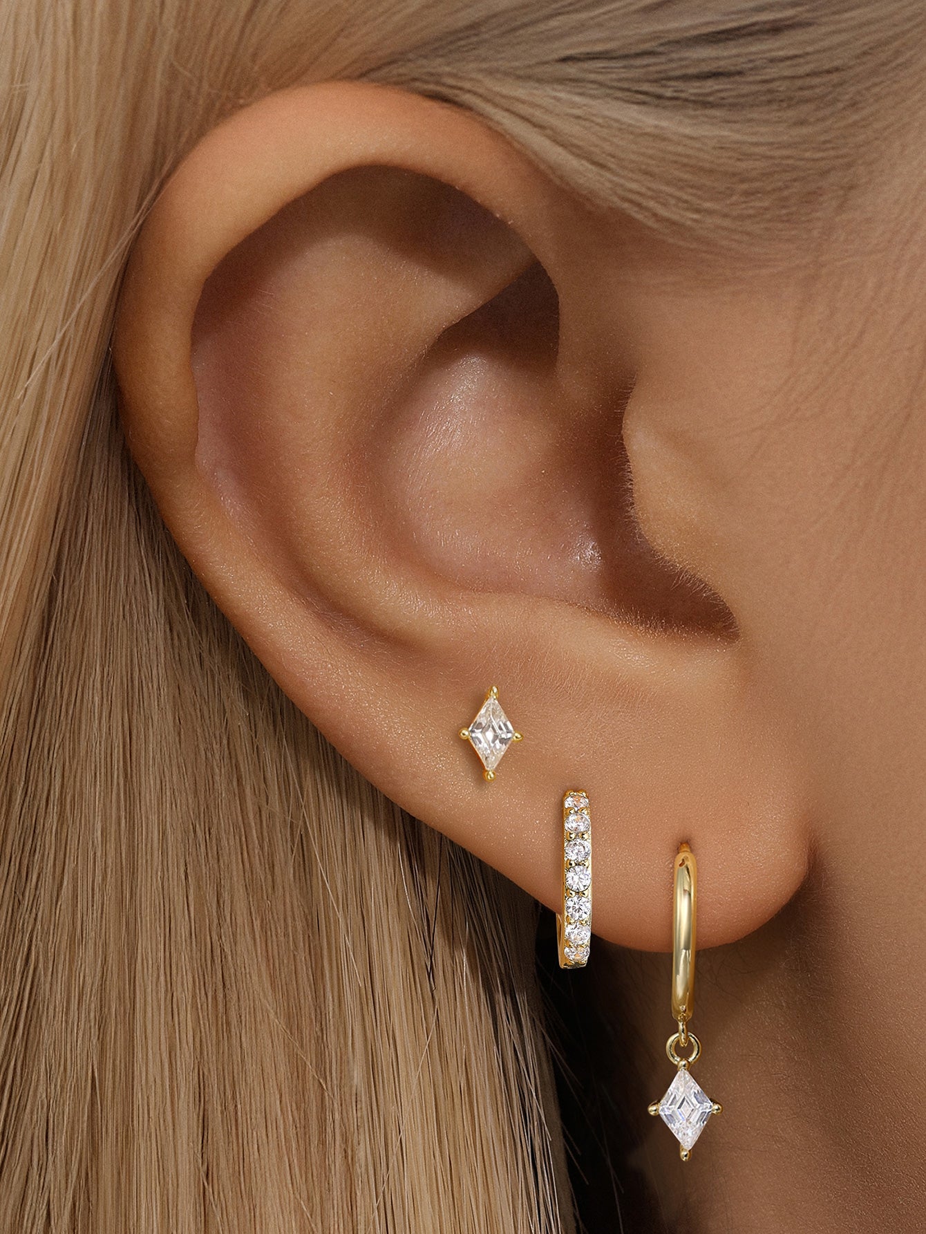 Quadrilateral Pendant Zirconia 3-Piece Earrings