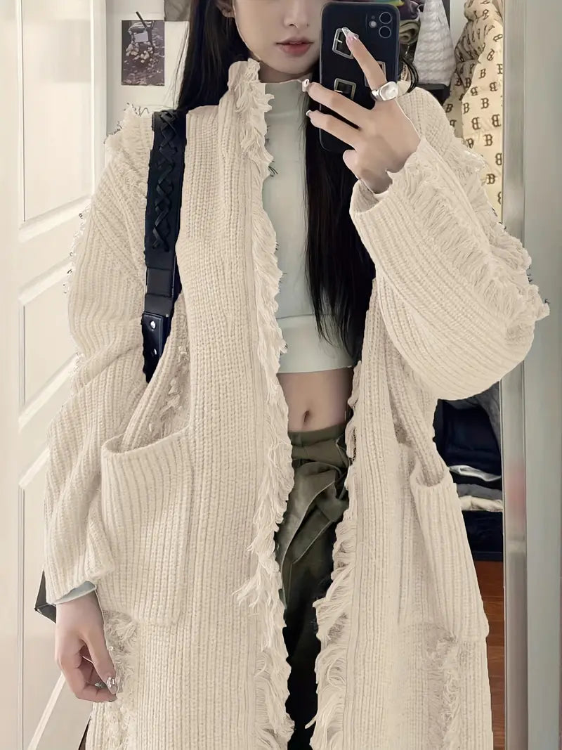 Ramziya – Elegant Long Tassel Cardigan with Pocket