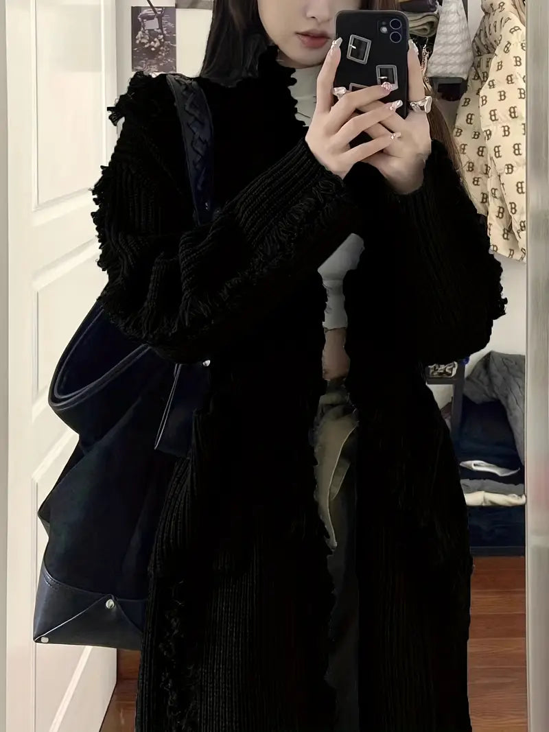 Ramziya – Elegant Long Tassel Cardigan with Pocket