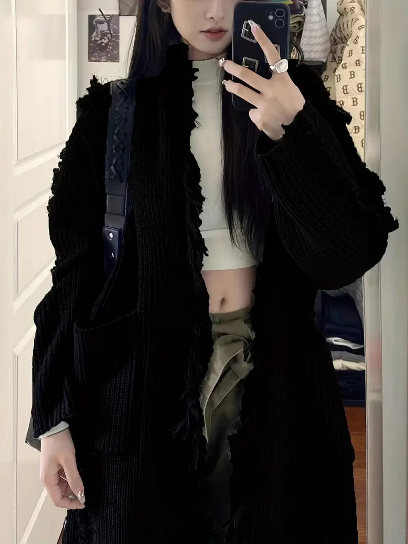 Ramziya – Elegant Long Tassel Cardigan with Pocket