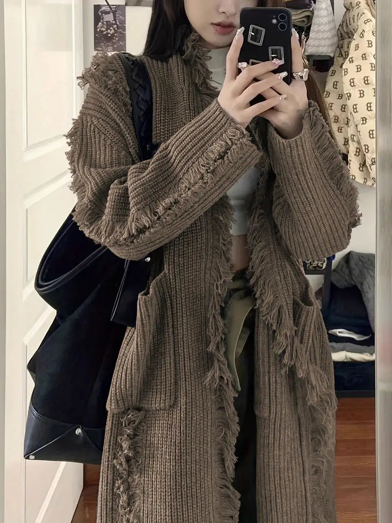 Ramziya – Elegant Long Tassel Cardigan with Pocket