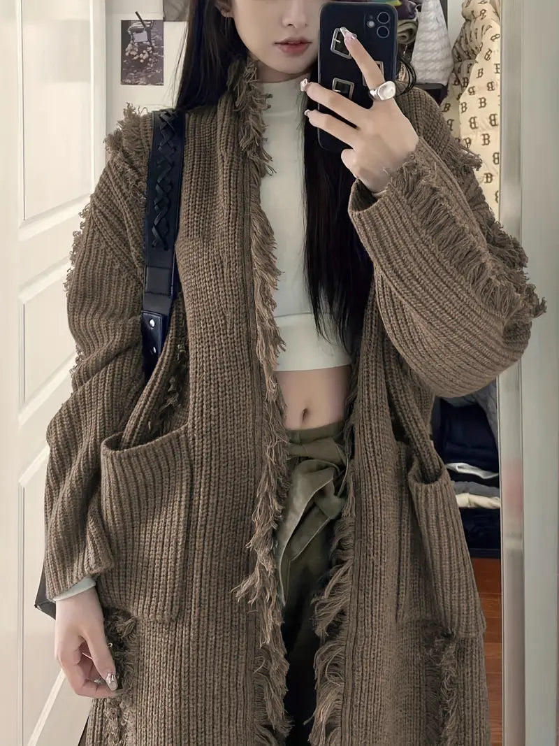 Ramziya – Elegant Long Tassel Cardigan with Pocket