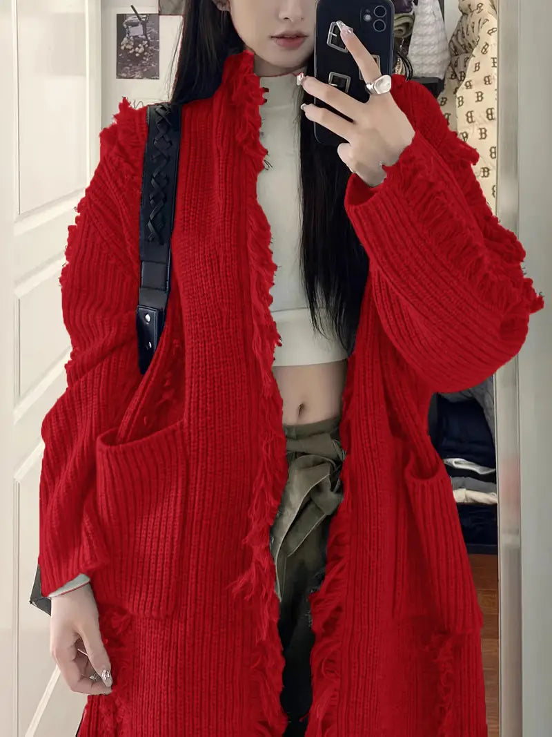 Ramziya – Elegant Long Tassel Cardigan with Pocket