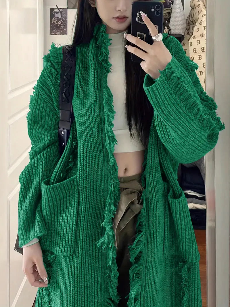 Ramziya – Elegant Long Tassel Cardigan with Pocket