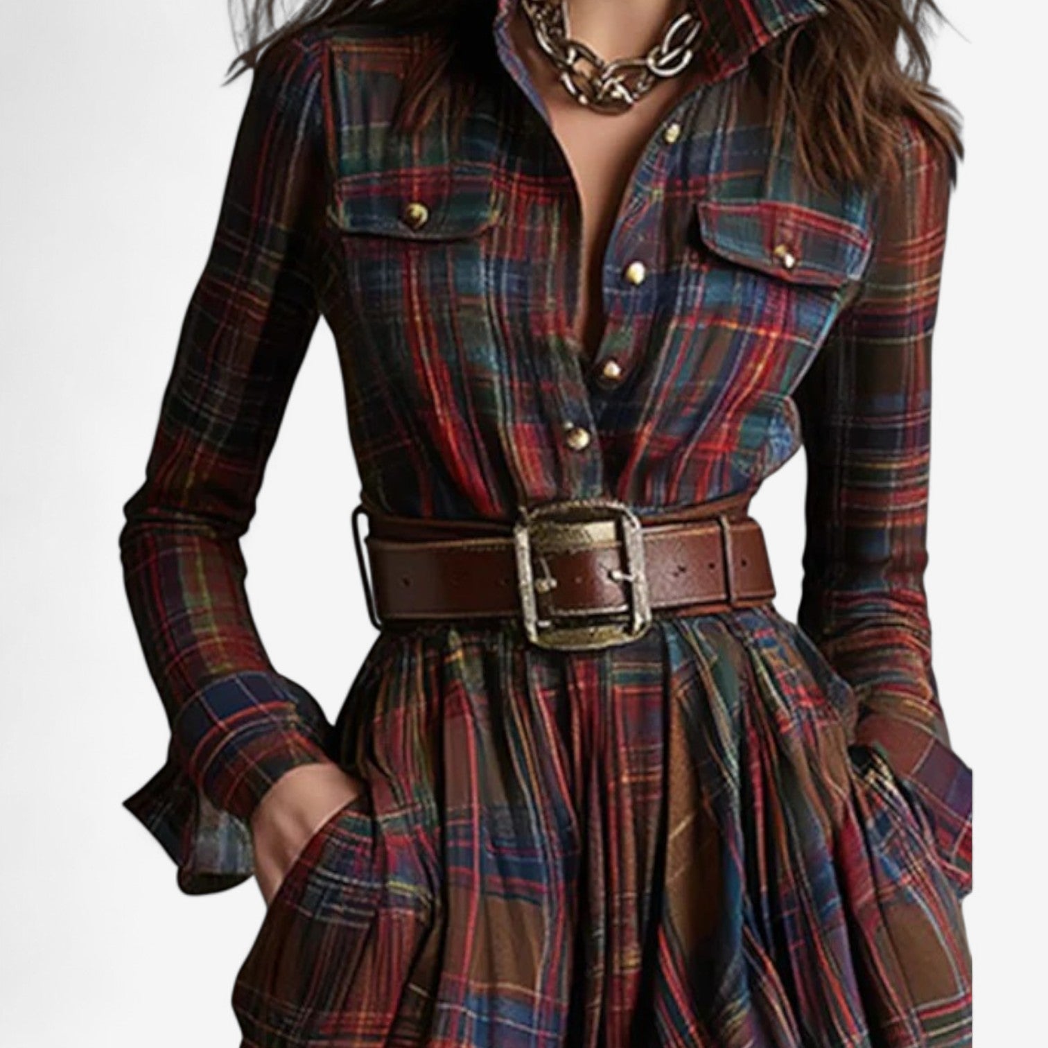 Renske – Checkered Maxi Dress with Belt